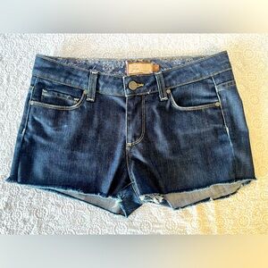 Paige Cutoff Jean Shorts, Low/Midrise, Dark Wash, size 29, Raw Hem; contemporary